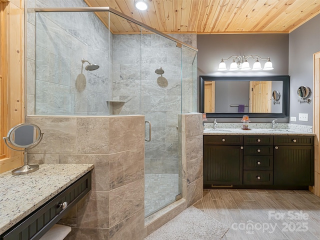 bathroom featuring crown molding, vanity, wooden ceiling, and walk in shower