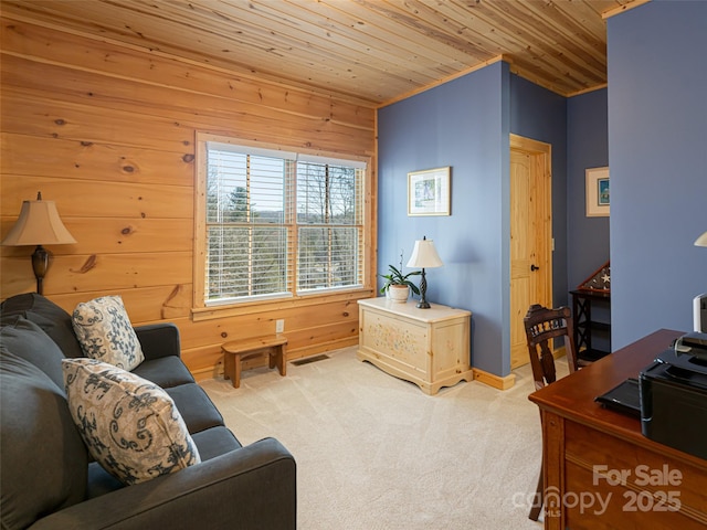 interior space with wood walls and wooden ceiling