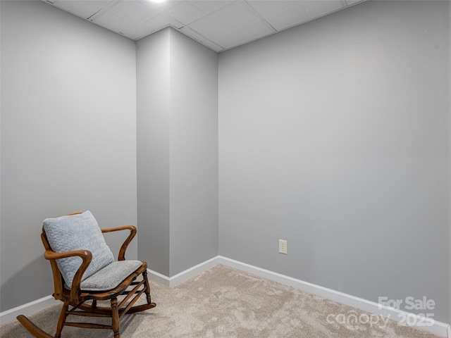 sitting room with light carpet and a paneled ceiling