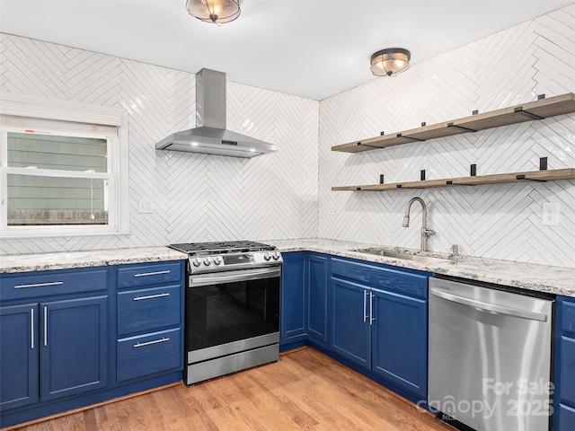 kitchen with blue cabinetry, appliances with stainless steel finishes, wall chimney exhaust hood, and sink