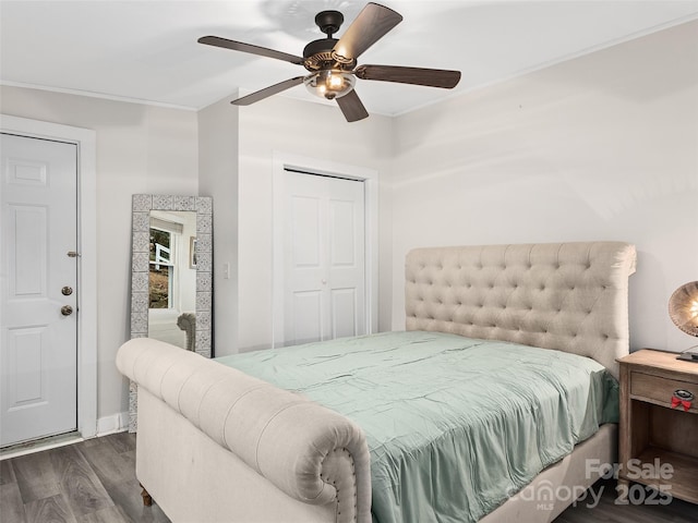 bedroom with dark hardwood / wood-style flooring, a closet, and ceiling fan