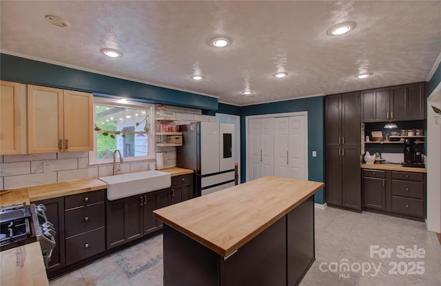 6 Candor Dr, Fletcher, NC 28732 - kitchen with wooden counters, a sink, open shelves, freestanding refrigerator, and recessed lighting