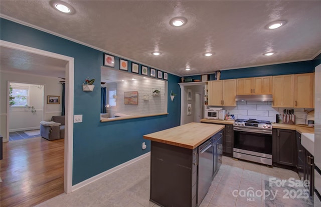 6 Candor Dr, Fletcher, NC 28732 - kitchen with appliances with stainless steel finishes, wooden counters, under cabinet range hood, crown molding, and tasteful backsplash