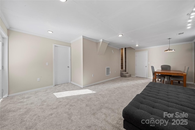 interior space featuring stairs, carpet, and ornamental molding