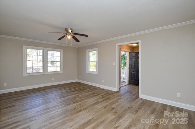 spare room with light wood-type flooring, ceiling fan, and crown molding