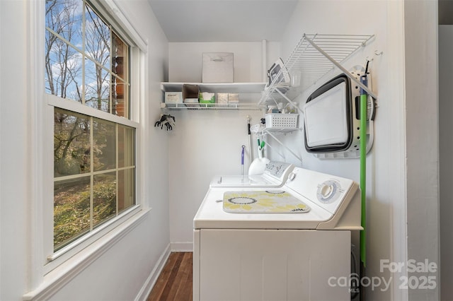 clothes washing area with dark wood-type flooring and washing machine and clothes dryer