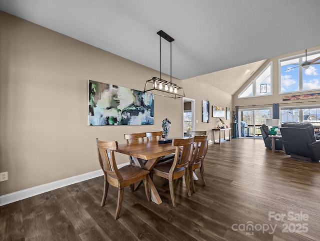 dining room with high vaulted ceiling, dark hardwood / wood-style floors, and ceiling fan