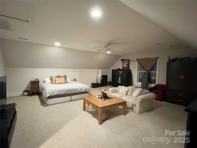 bedroom with lofted ceiling, carpet floors, ceiling fan, and recessed lighting