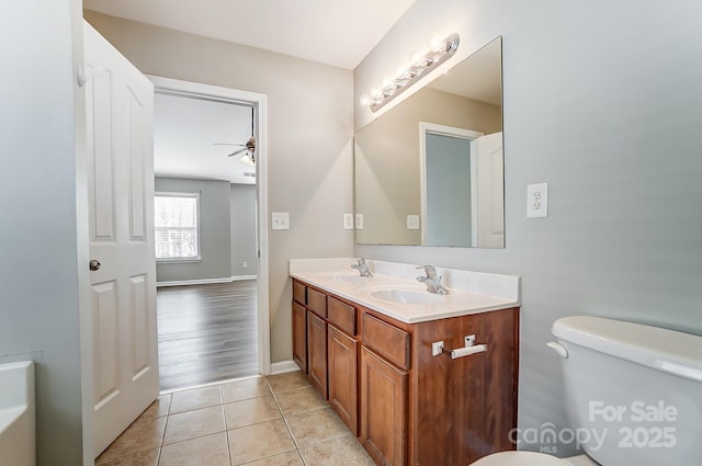 bathroom featuring tile patterned flooring, ceiling fan, toilet, and vanity