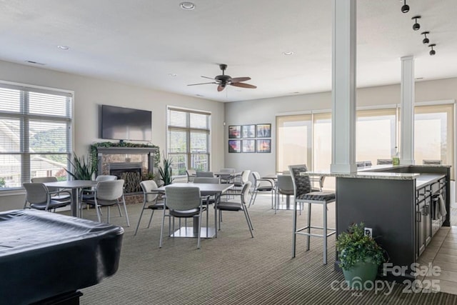 rec room featuring ceiling fan, carpet, and pool table