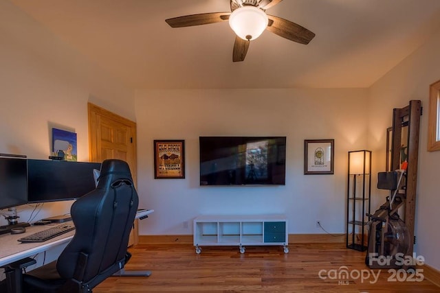 office area featuring ceiling fan and hardwood / wood-style flooring