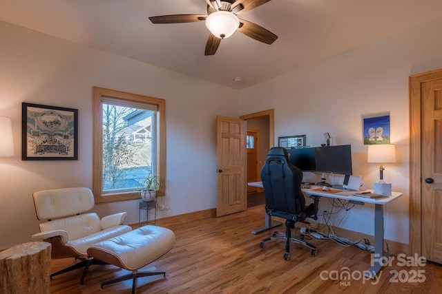 office with ceiling fan and light hardwood / wood-style floors