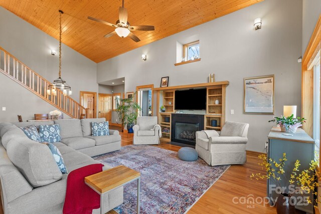 living room featuring hardwood / wood-style floors, wood ceiling, high vaulted ceiling, and ceiling fan