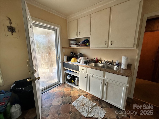 kitchen featuring a healthy amount of sunlight, crown molding, white cabinetry, and sink