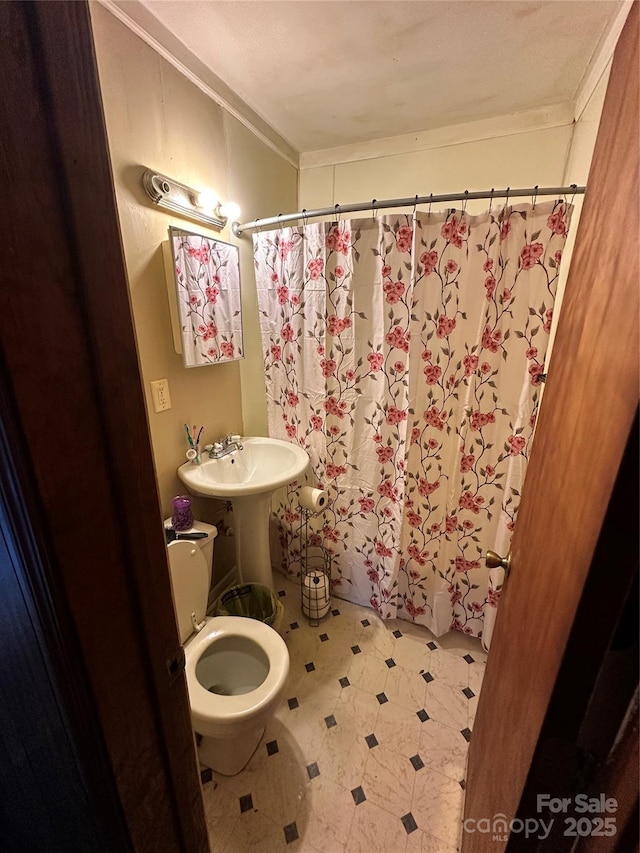 bathroom featuring walk in shower and toilet