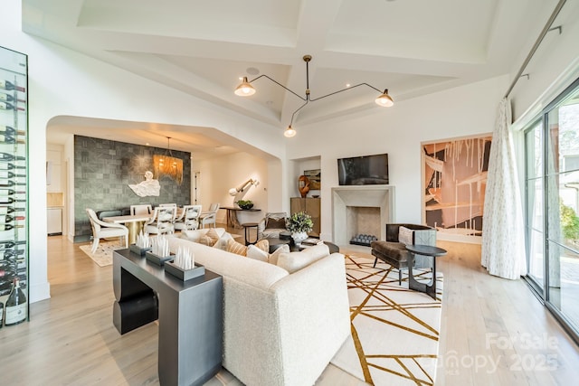 living room featuring a tray ceiling, a fireplace, and light hardwood / wood-style flooring