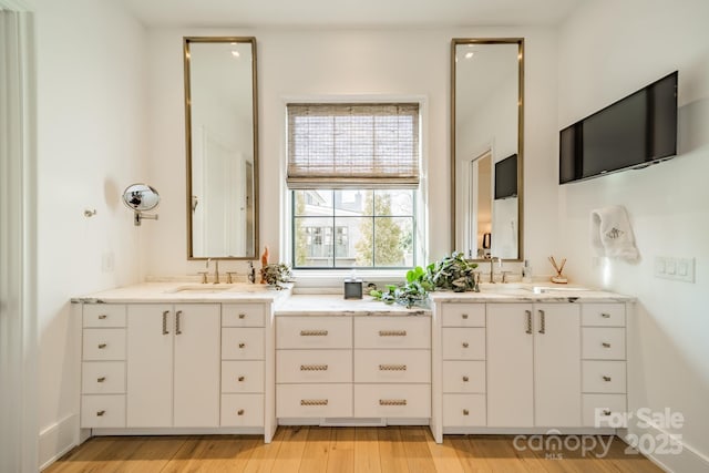 bathroom with vanity and wood-type flooring