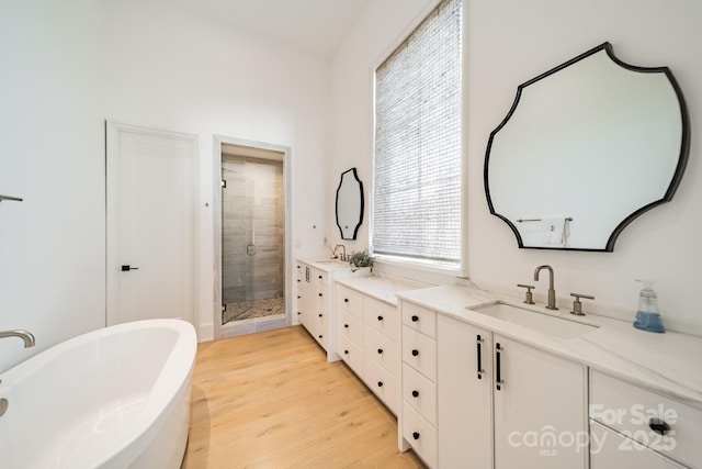 bathroom with hardwood / wood-style flooring, vanity, and plus walk in shower