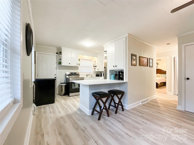 kitchen featuring a kitchen breakfast bar, kitchen peninsula, stainless steel electric range oven, light hardwood / wood-style floors, and white cabinetry