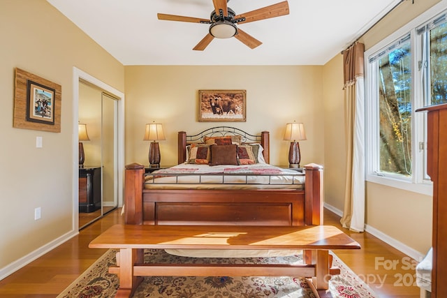 bedroom with hardwood / wood-style flooring, ceiling fan, multiple windows, and a closet