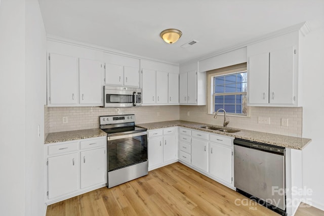 kitchen featuring light stone countertops, sink, white cabinets, and stainless steel appliances