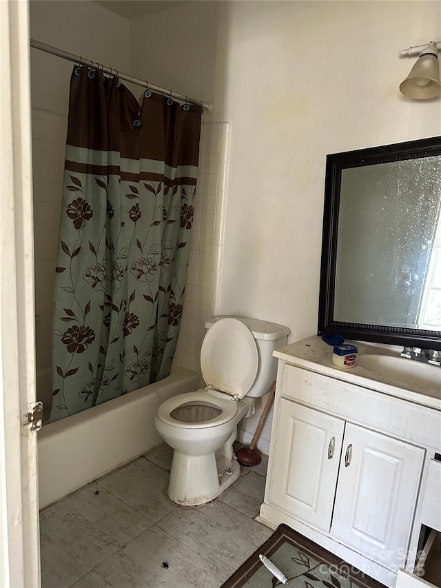 bathroom with shower / bath combination with curtain and toilet