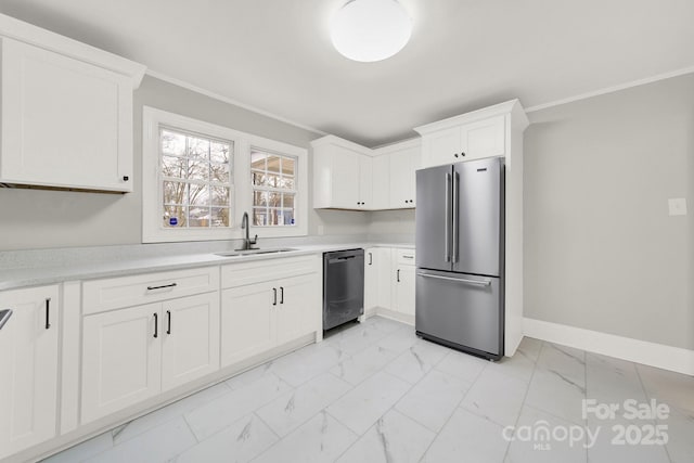 kitchen with dishwashing machine, crown molding, sink, white cabinets, and stainless steel refrigerator