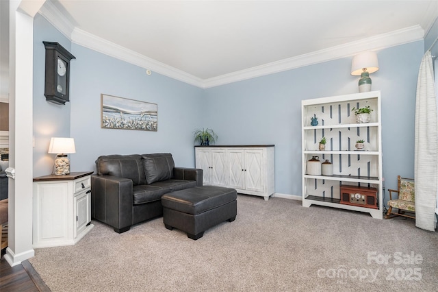 carpeted living room with crown molding