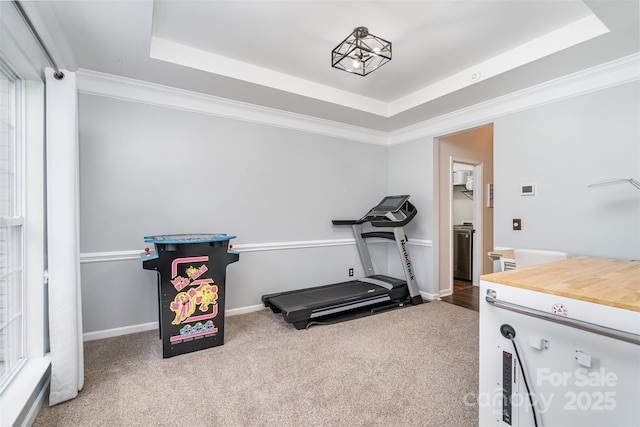 workout area featuring carpet flooring, a raised ceiling, and crown molding