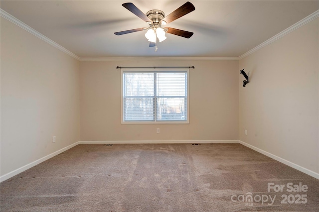 carpeted empty room with ceiling fan and ornamental molding