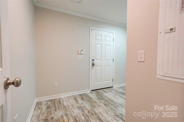 foyer entrance with crown molding and light wood-type flooring