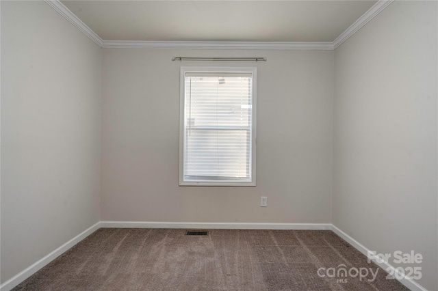 unfurnished room featuring carpet flooring and crown molding