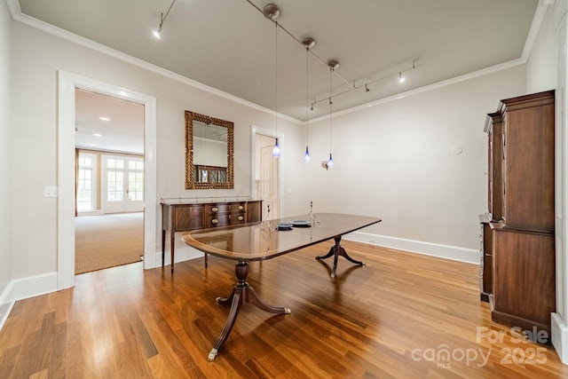 interior space featuring light hardwood / wood-style floors, track lighting, and ornamental molding