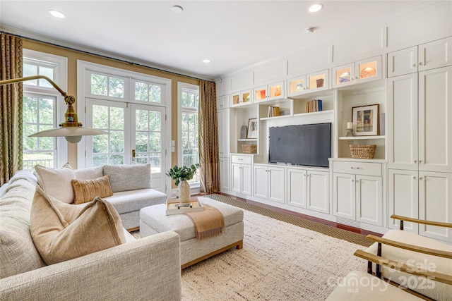 1333 Carlton Ave, Charlotte, NC 28203 - living area featuring ornamental molding, built in features, and recessed lighting