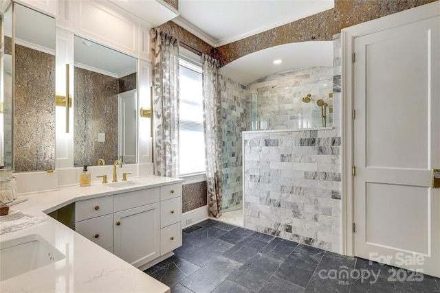 1333 Carlton Ave, Charlotte, NC 28203 - full bathroom featuring vanity, crown molding, and tiled shower