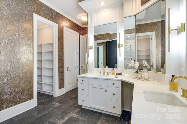 1333 Carlton Ave, Charlotte, NC 28203 - bathroom with double vanity, marble finish floor, a sink, and ornamental molding