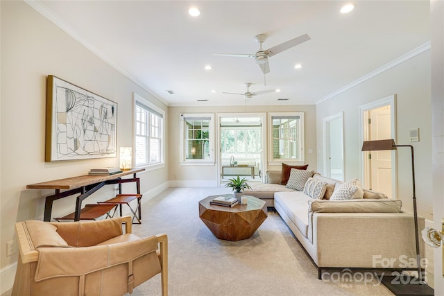 1333 Carlton Ave, Charlotte, NC 28203 - living room with light carpet, baseboards, recessed lighting, ceiling fan, and crown molding