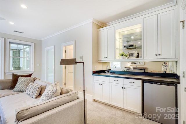 1333 Carlton Ave, Charlotte, NC 28203 - bar featuring crown molding, a sink, fridge, light colored carpet, and visible vents
