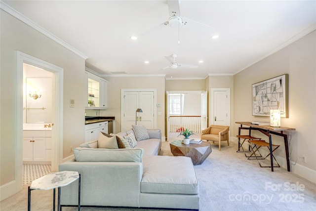 1333 Carlton Ave, Charlotte, NC 28203 - living area featuring ceiling fan, ornamental molding, baseboards, and light carpet