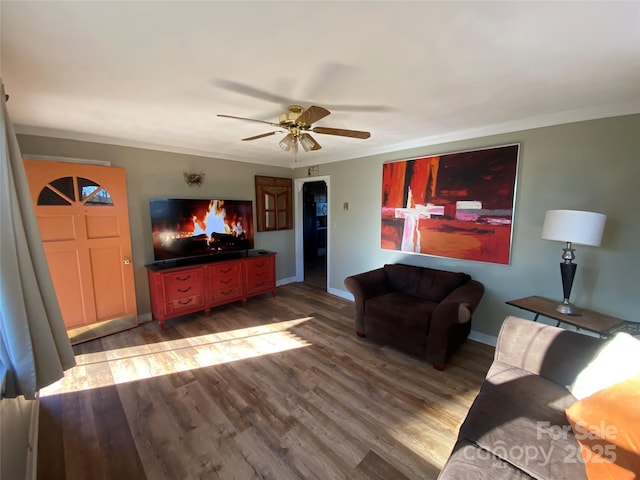 living room with hardwood / wood-style floors, ceiling fan, and crown molding