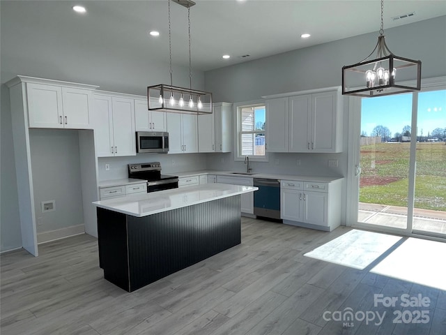 kitchen with white cabinets, stainless steel appliances, a kitchen island, and sink