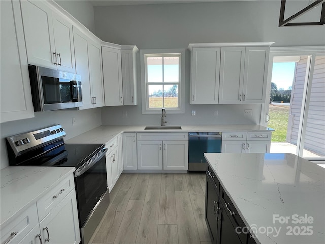 kitchen featuring light stone countertops, sink, white cabinets, and stainless steel appliances