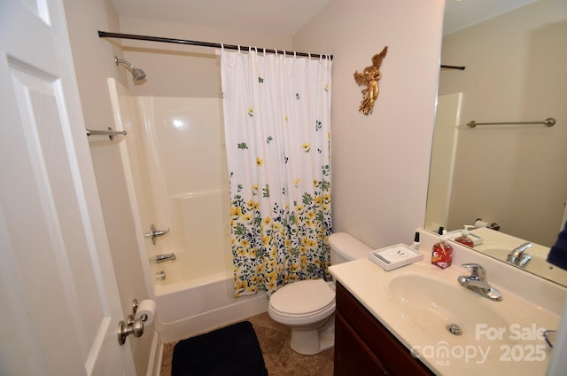 full bathroom with toilet, vanity, and shower / tub combo with curtain