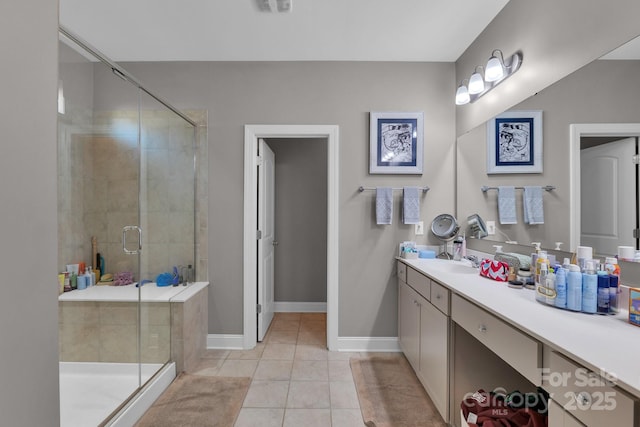 bathroom featuring walk in shower, tile patterned flooring, and vanity