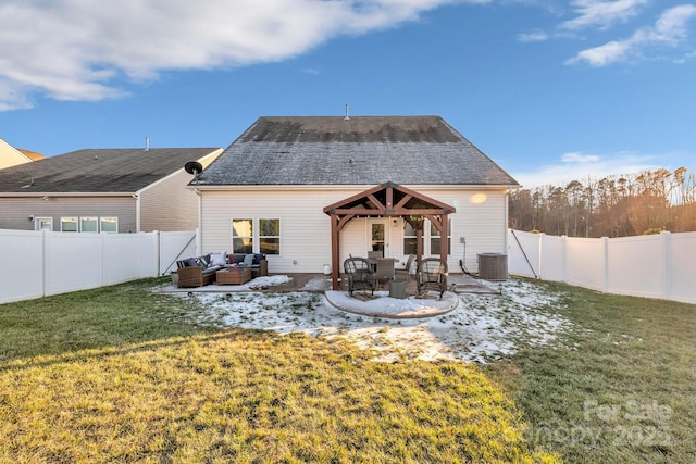 rear view of house featuring a lawn, a gazebo, central AC, and outdoor lounge area