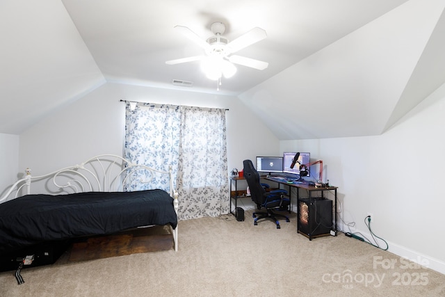 bedroom with carpet, ceiling fan, and lofted ceiling