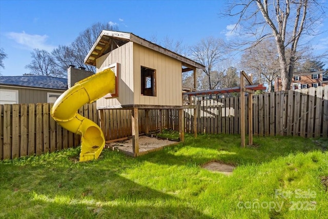 view of jungle gym with a yard