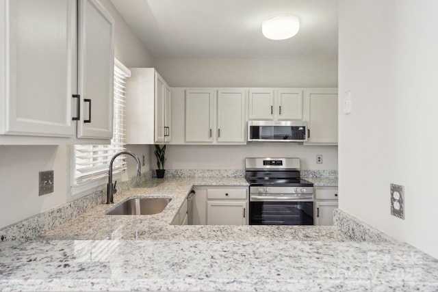 kitchen featuring light stone counters, plenty of natural light, appliances with stainless steel finishes, and a sink