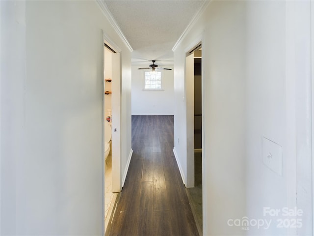 hall with a textured ceiling, dark wood-type flooring, and ornamental molding