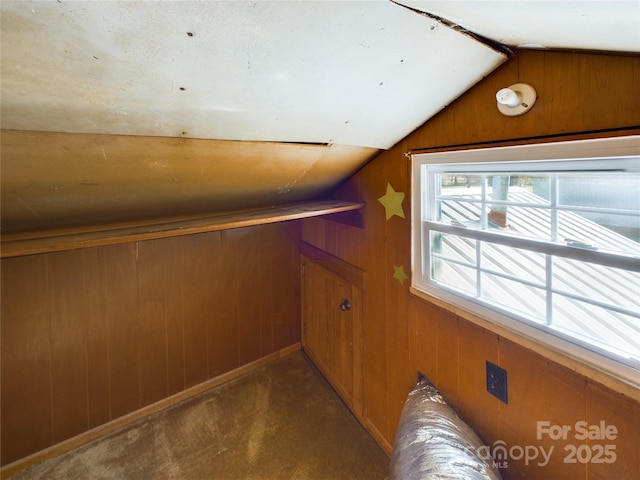 additional living space featuring wood walls, carpet, and vaulted ceiling